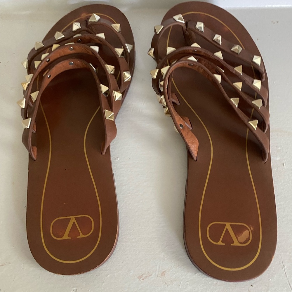 Valentino Brown Sandals with Gold Studs
